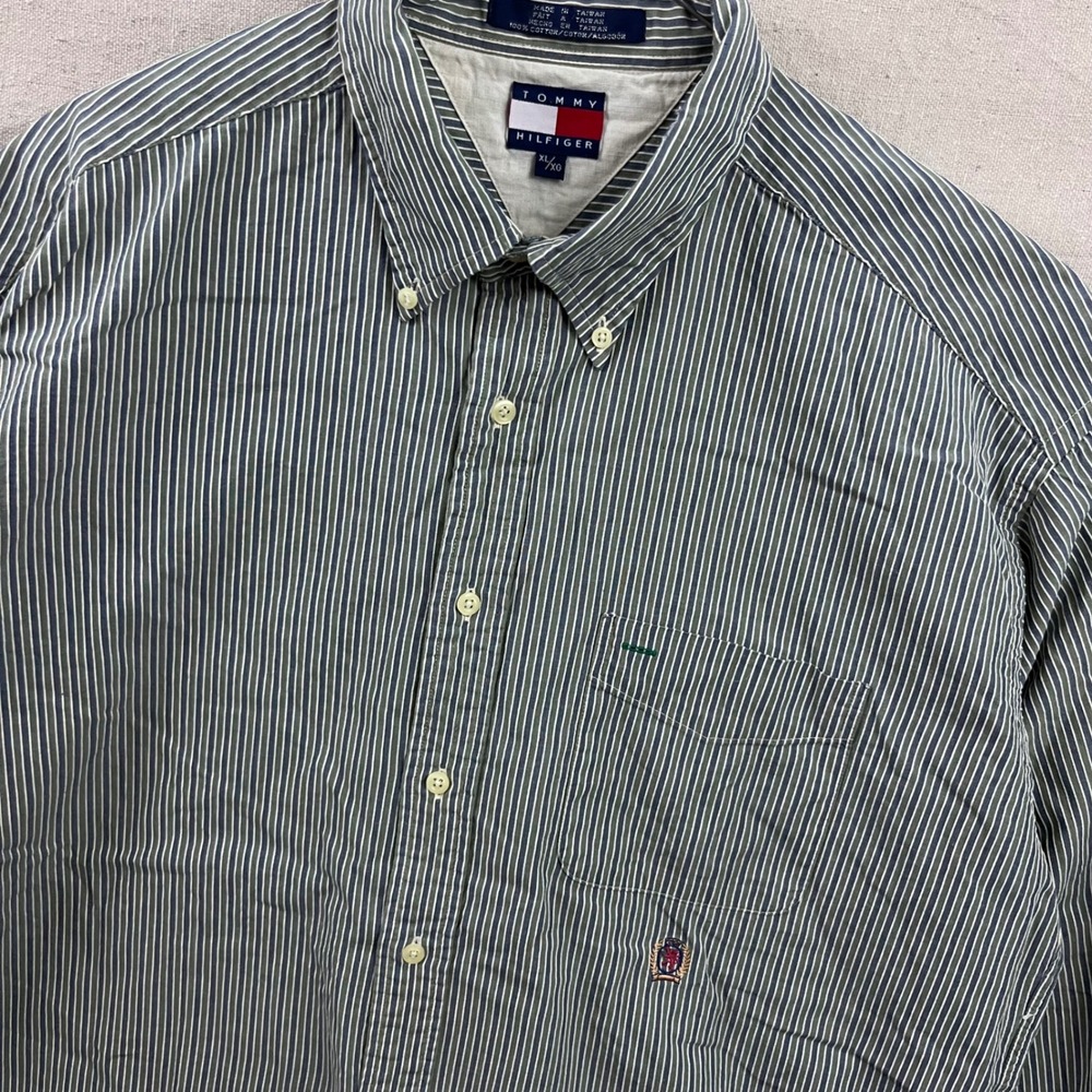 VTG Tommy Hilfiger Textured Button Down Shirt XL Green Navy Striped Long‎ Sleeve